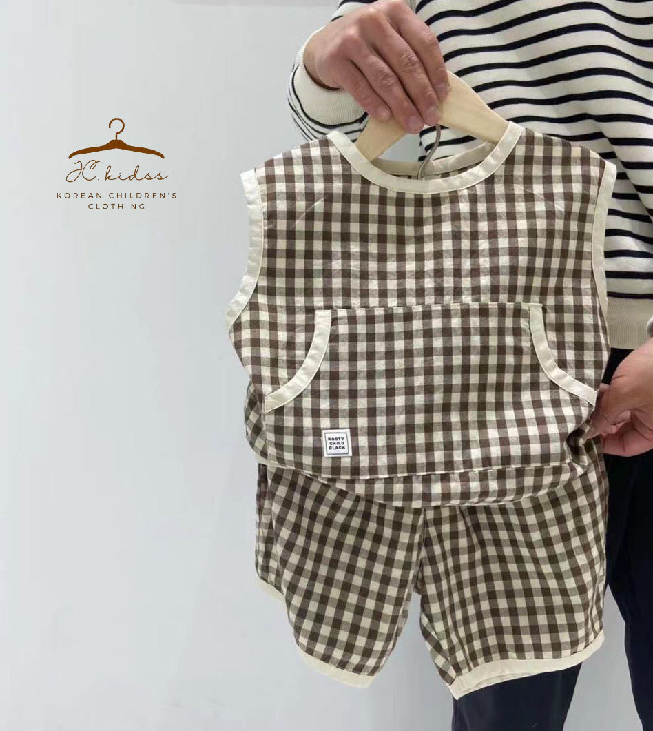YKBS264 啡色格仔背心套裝