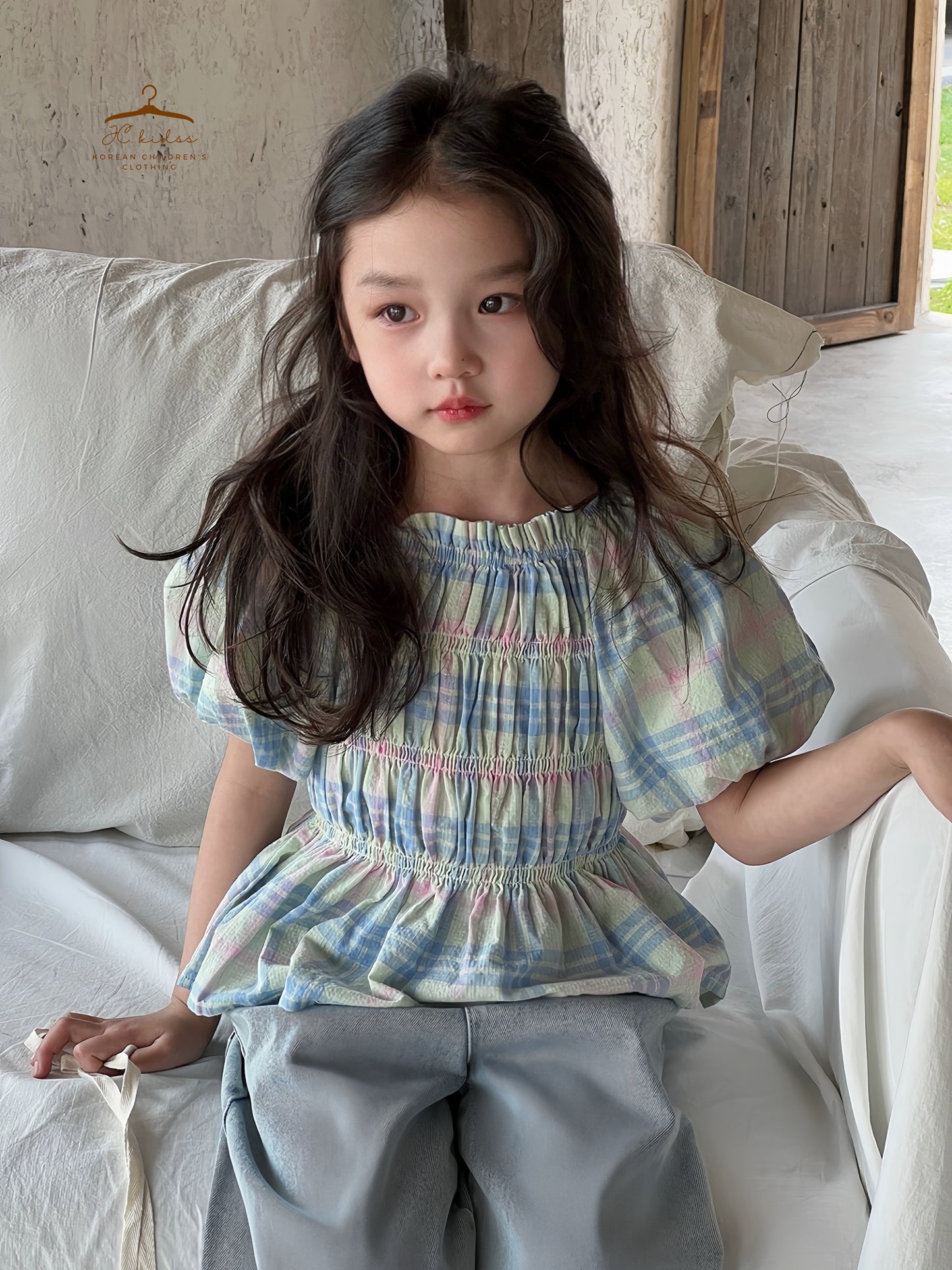 HLT9 藍格泡泡袖上衣
