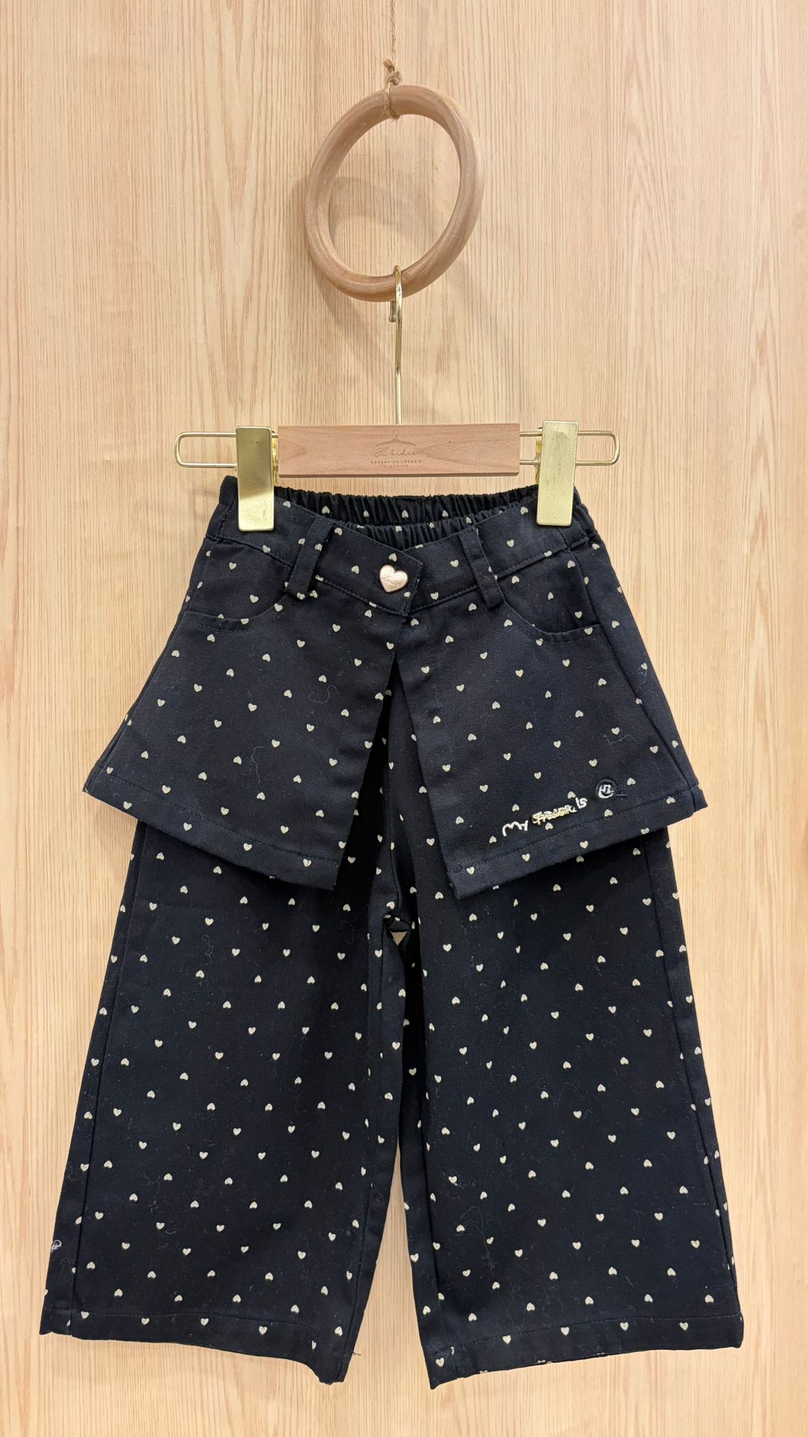 YKJ557 黑色心心假兩件長褲