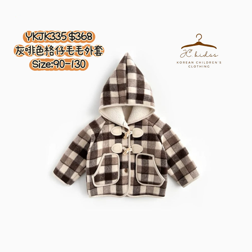 YKJK335 灰啡色格仔毛毛外套