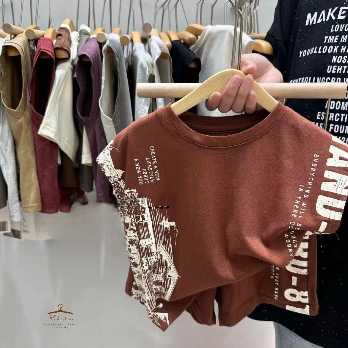 YKBS382 啡色拼字短褲套裝