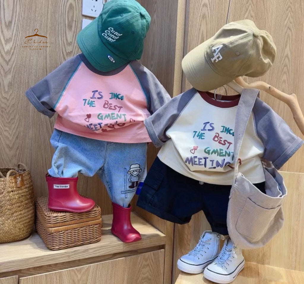 BUT23 灰色拼米色牛角袖TEE