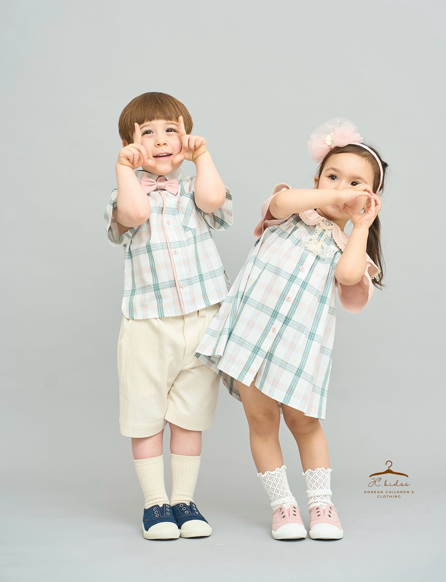 AID49 粉領綠格連身裙