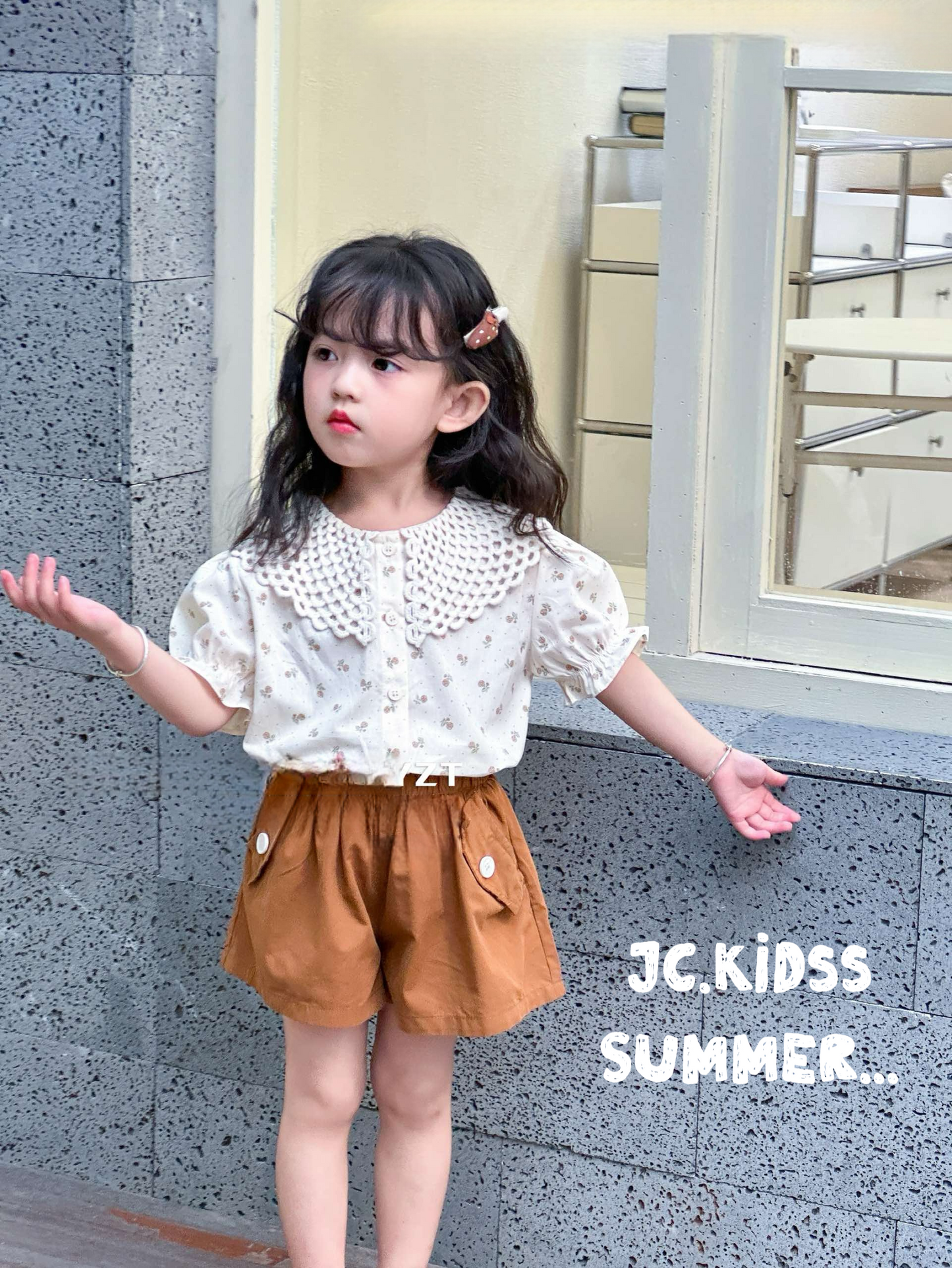 通花領碎花短褲套裝 - 嬰幼兒童裝