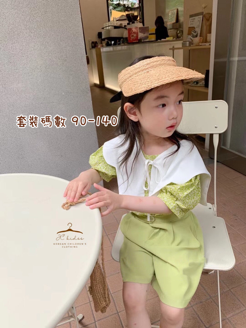 YKGS81 綠色碎花披肩短褲套裝