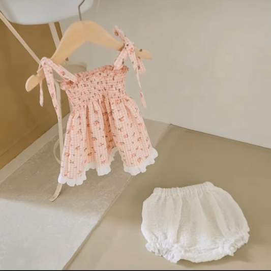碎花吊帶綁帶女嬰套裝 - 嬰幼兒童裝