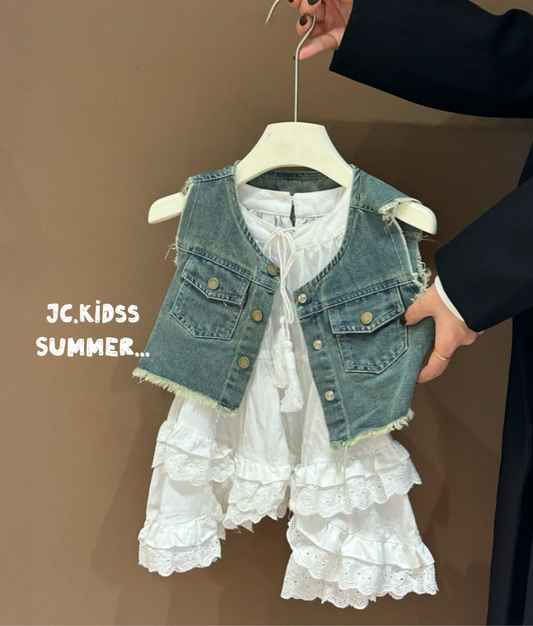 YKGS609 牛仔馬甲蕾絲裙套裝