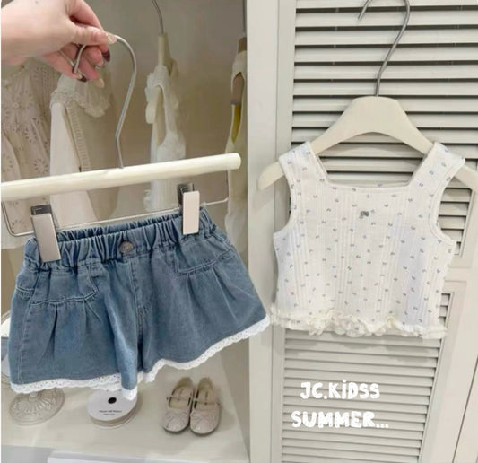 YKGS622 碎花背心連短牛仔褲套裝