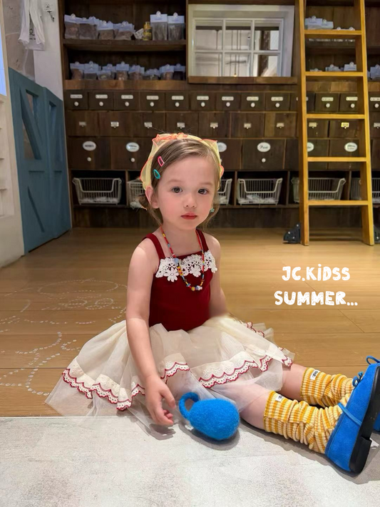 YKGS642 紅色吊帶連半截紗裙套裝