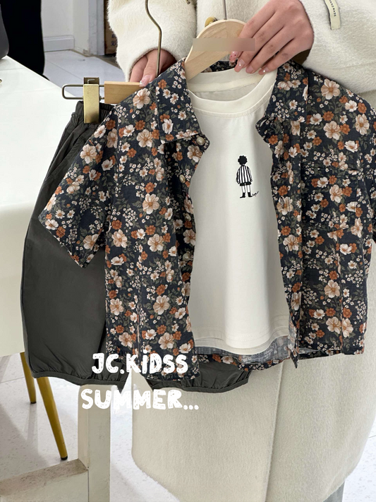 YKBS481 黑色碎花恤三件套裝