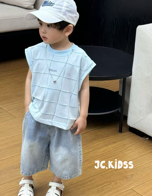 淺藍格背心兩件套男童裝 - 嬰幼兒童裝